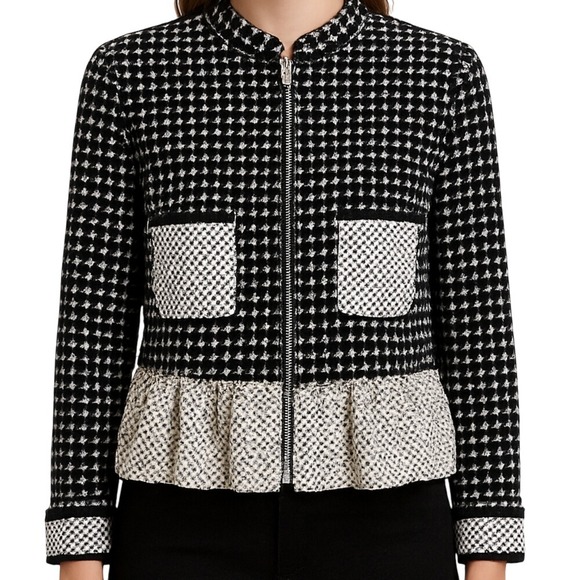 Soiree Black White Houndstooth Peplum Zip Up Jacket Women's Size Medium - Picture 3 of 8